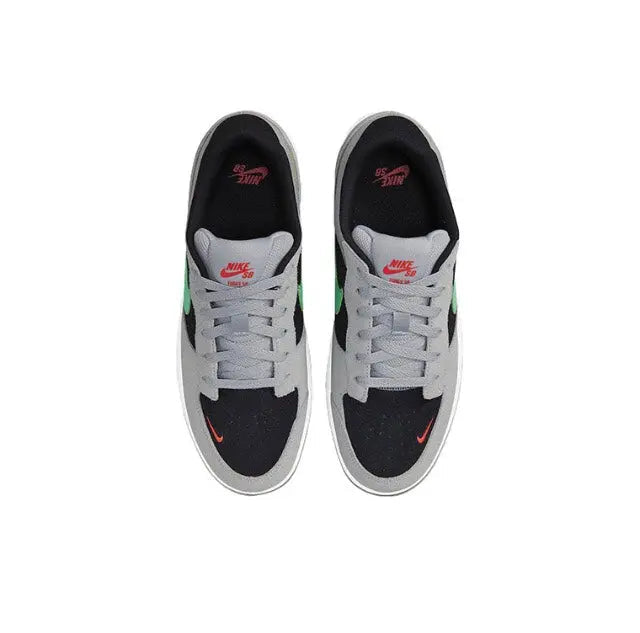 Nike SB Force 58 skate shoe pair view, grey uppers with black overlays and green swoosh