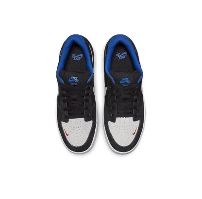 Black skate sneakers with white front panel, white Swoosh, and blue inner lining