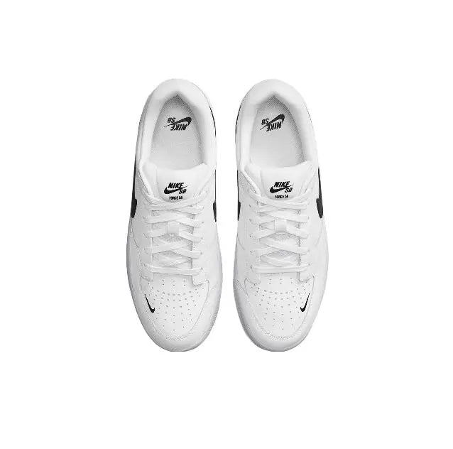 Pair of white low-top skate sneakers with black Swoosh on the sides
