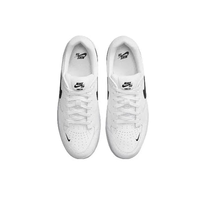Pair of white low-top skate sneakers with black Swoosh on the sides