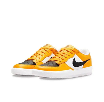 Side-by-side view of orange and black low-top sneakers with Swoosh logos