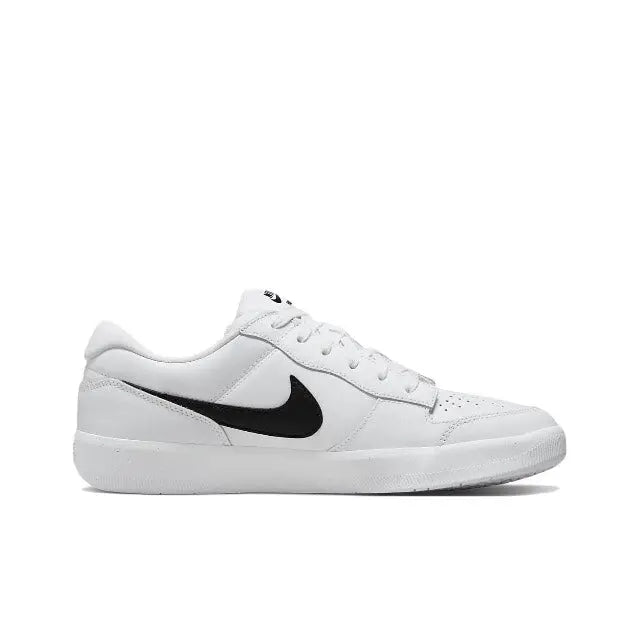 White low-top skate sneaker with black Swoosh and side panel stitching
