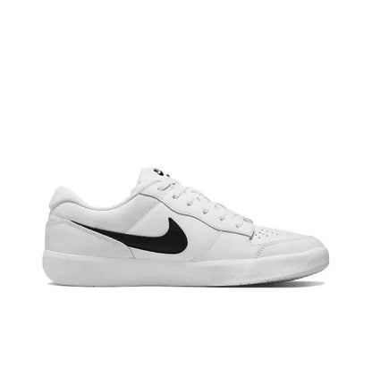 White low-top skate sneaker with black Swoosh and side panel stitching