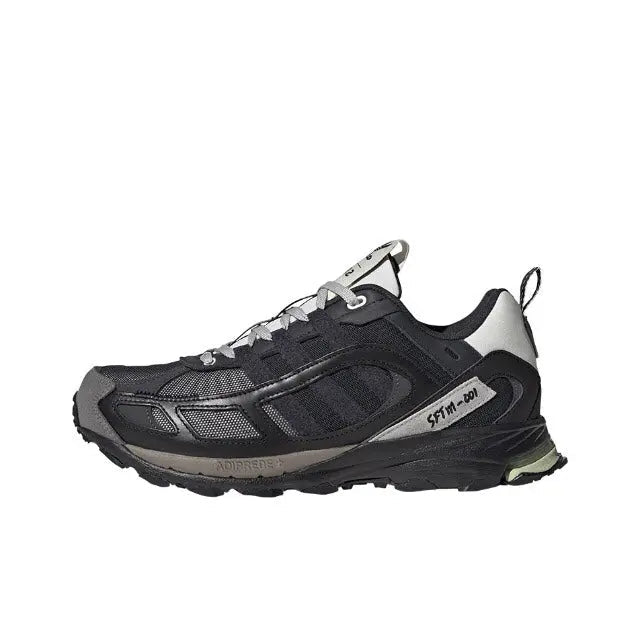 Men's trail-style sneaker in dark black, with gray overlays and white laces