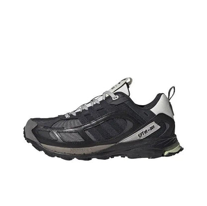 Men's trail-style sneaker in dark black, with gray overlays and white laces