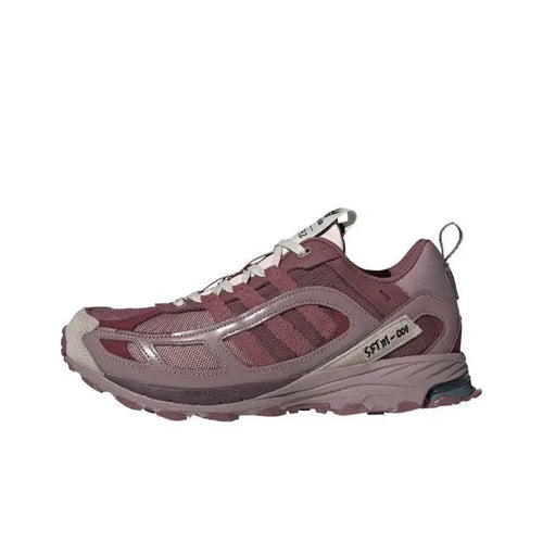 Adidas low-top athletic sneaker in maroon, gray, and white with lace-up design