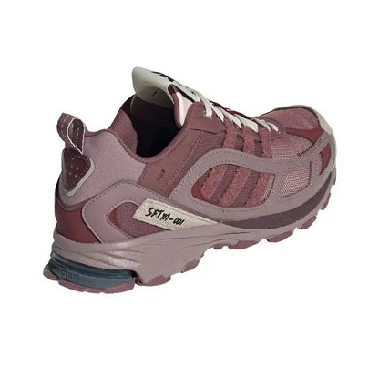 Adidas low-top sneaker with maroon and light gray panels, lace-up, chunky outsole
