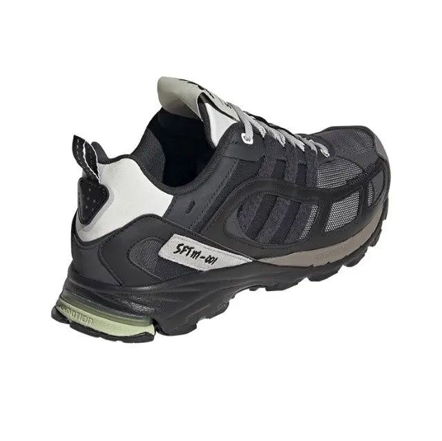 Low-top sneaker with black and gray mesh upper, white collar accents
