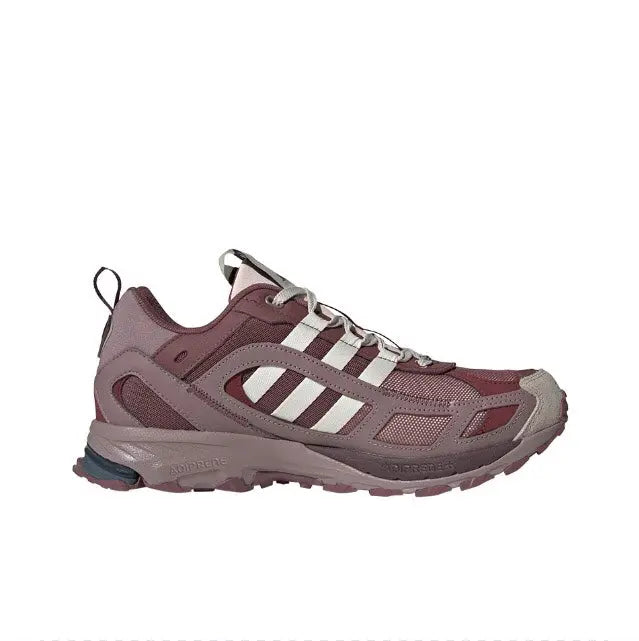 Adidas low-top sneaker with burgundy overlays, gray sole, and white striped accents