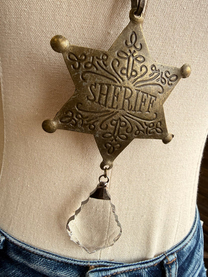 Bronze sheriff star pendant with clear crystal drop on chain