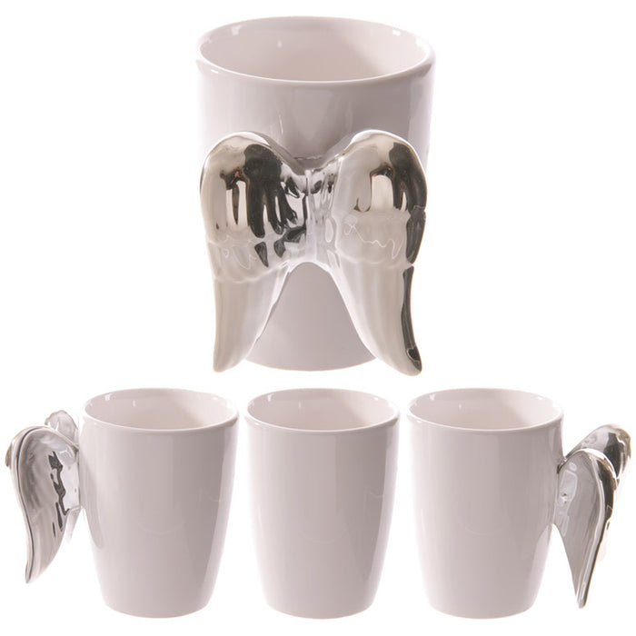 ceramic mug with angel wings shaped handle, front, back, and side views