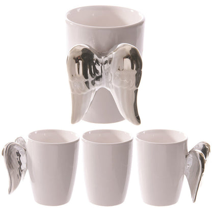 ceramic mug with angel wings shaped handle, front, back, and side views