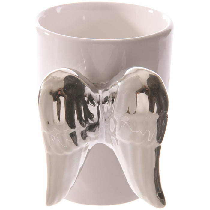 front view of ceramic mug with angel wings shaped handle
