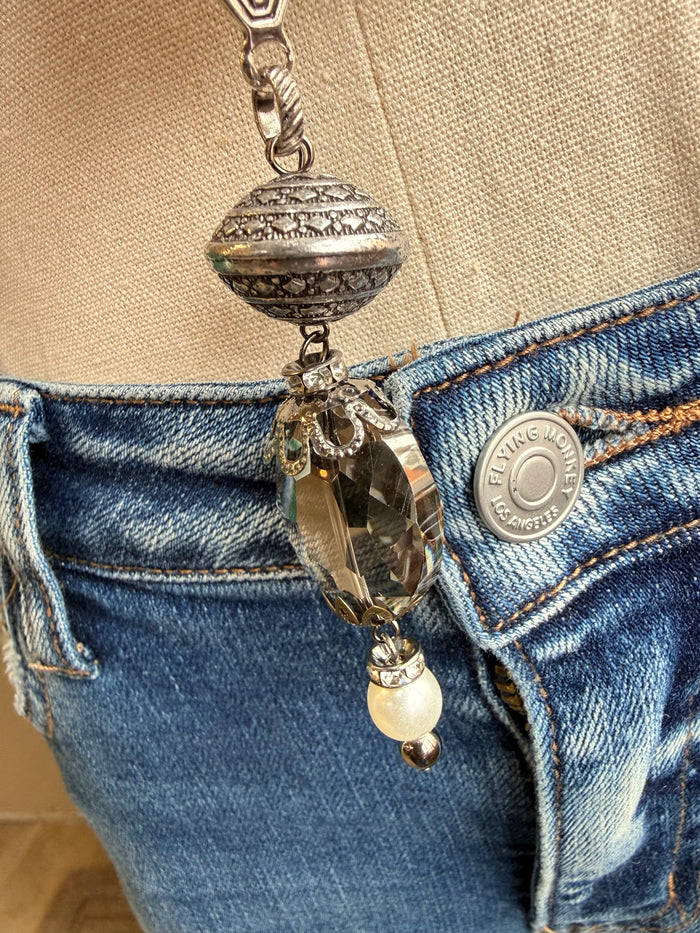 Sheriff star and faceted crystal pendant with dangling pearl bead accents