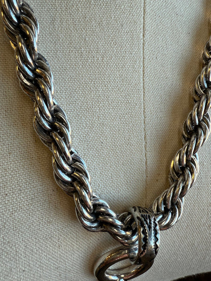 Silver braided chain necklace with chunky linked chain and small clasp detail