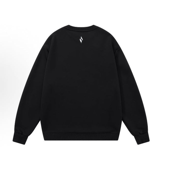 Black crewneck sweatshirt with small icon on upper back