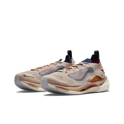 Side view of knit running sneaker in oatmeal with colorful overlays and white sole