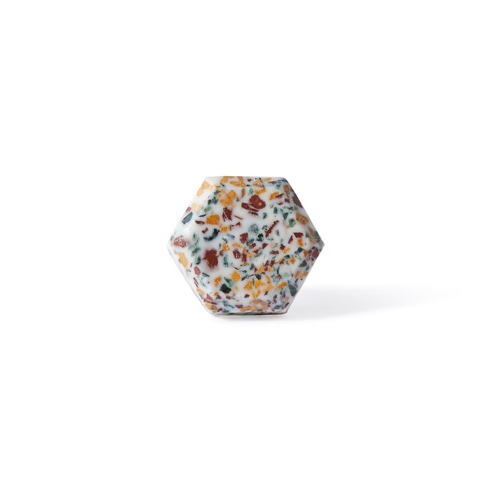 The Speckle Hexa Knob 4.6cm features a hexagonal terrazzo design with a white base and colorful speckles, shown upright on a plain white background—perfect as a decorative furniture knob.
