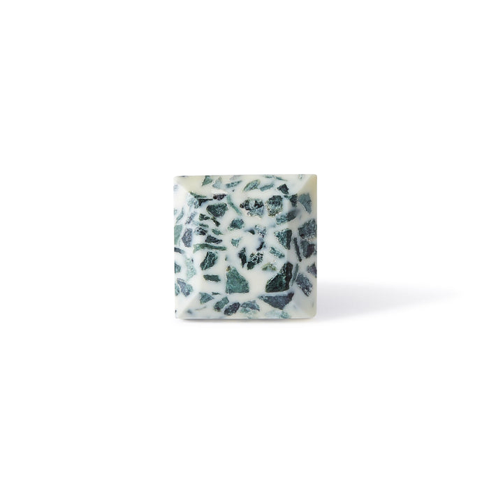 The Speckle Square Knob 3.5cm has a white base with dark green terrazzo fragments, adding a unique style to your cabinet hardware.