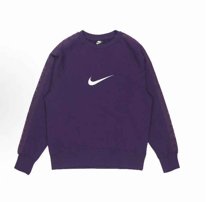Purple Nike sweatshirt with white Swoosh logo, long sleeves