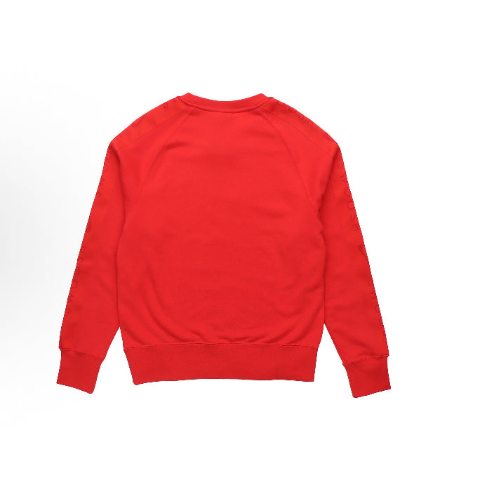 Red crewneck sweatshirt back view, ribbed cuffs and hem