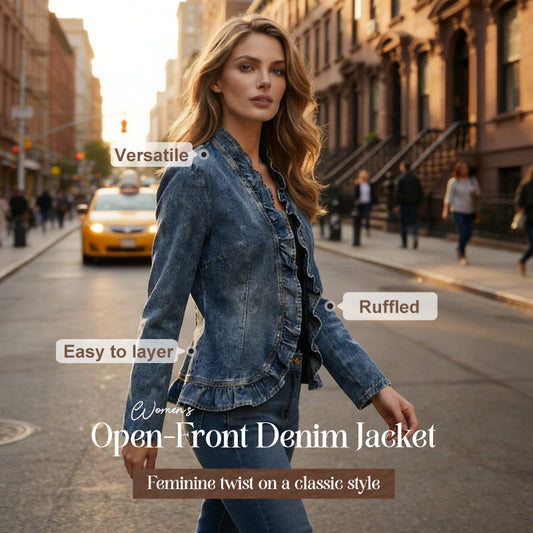 üß• LIMITED-TIME 49% OFF! ‚ú® Women's Denim Jacket ‚Äì Open-Front, Ruffle Trim, Lightweight, Classic Wash ‚ú®