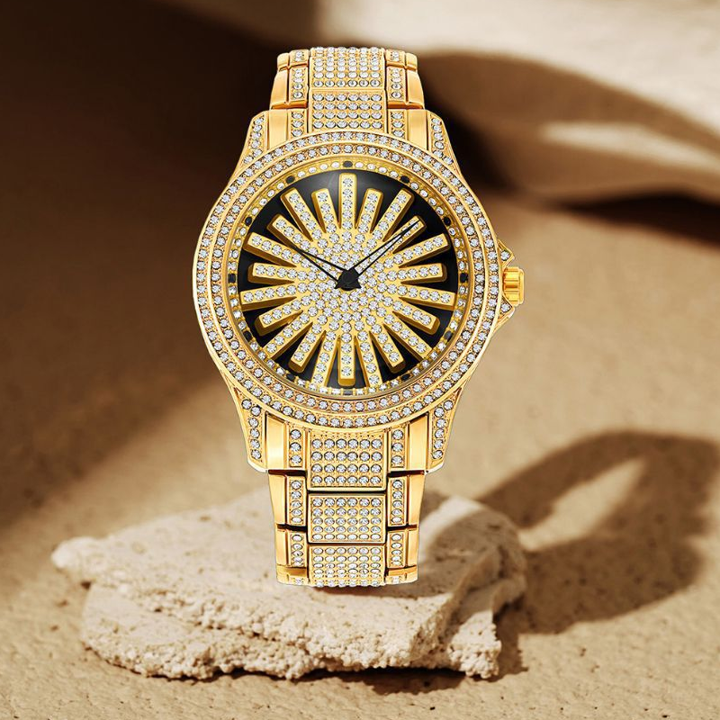 Men's Iced-Out Watch with Rotating Dial ‚Äì Sparkling Crystals, Precise Quartz & Butterfly Clasp