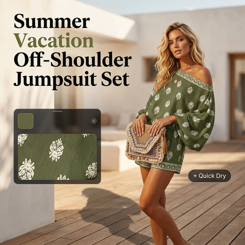 ‚ú® Bohemian Off-Shoulder Jumpsuit Set ‚Äì Vintage Print, Vacation, Relaxed ‚ú®