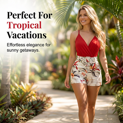 üíñ40% OFF !! ‚è∞ V-Neck & High-Waist Shorts Set ‚Äì Tropical Print, 2-Piece Vacation Outfitüåü