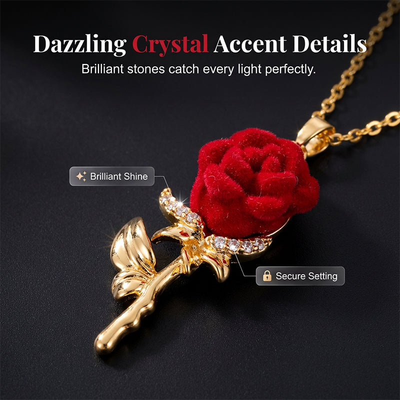 ‚ú® Elegant Red Rose Pendant Necklace ‚Äì Velvet Bloom, Crystal Accents, Gold-Tone ‚ú®