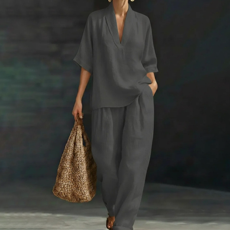 üì¢üì¢40% OFF !! ‚è∞Women's Casual V-Neck Top and Wide-Leg Trousers Setüëöüëñ