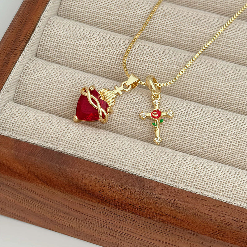 üíñSacred Heart & Rose Cross Pendant Necklace