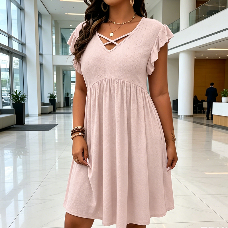 üëó  Women's Criss-Cross V-Neck Flutter Sleeve Flowy Dress