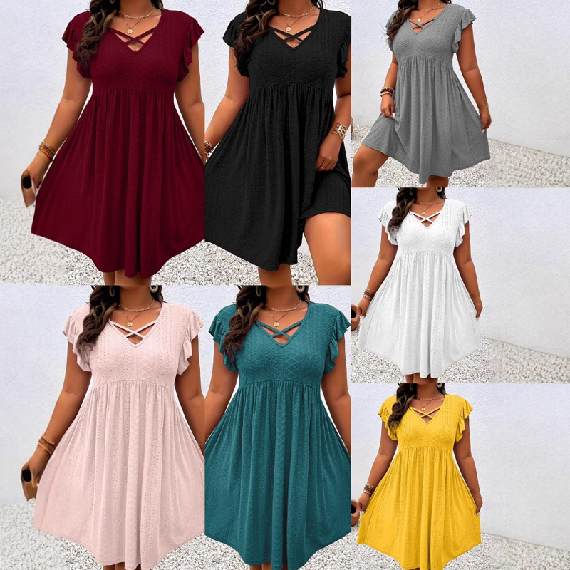 üëó  Women's Criss-Cross V-Neck Flutter Sleeve Flowy Dress