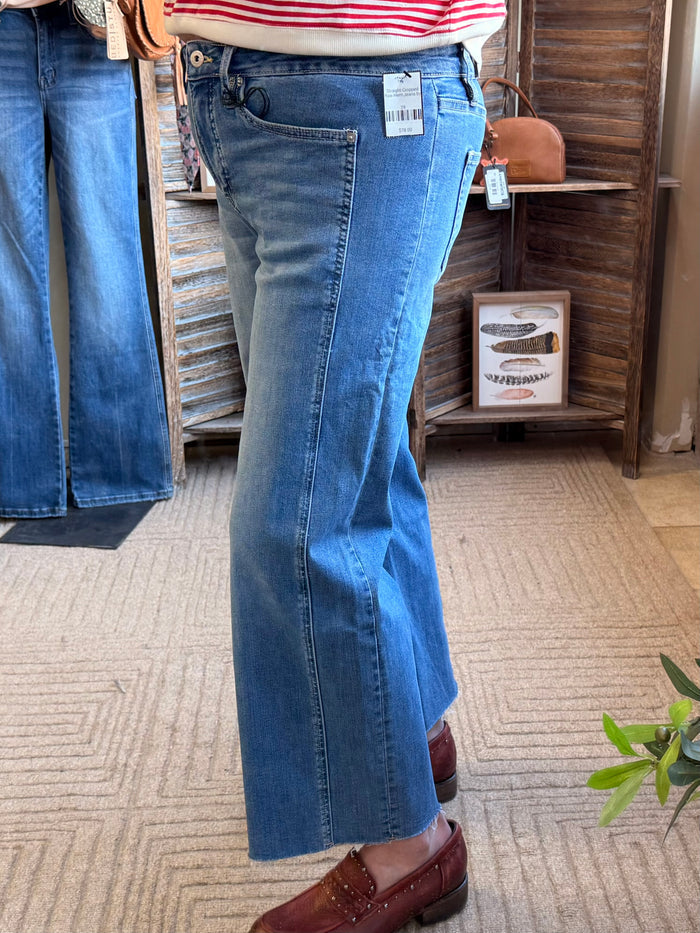 Straight cropped raw-hem jeans, medium blue wash with front and back pockets