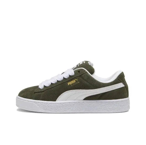 Puma Suede XL suede sneakers, dark olive with white suede stripes and laces