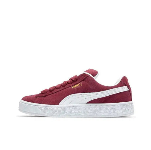 Puma Suede XL maroon suede low-top sneakers with white side stripe and lace-up front