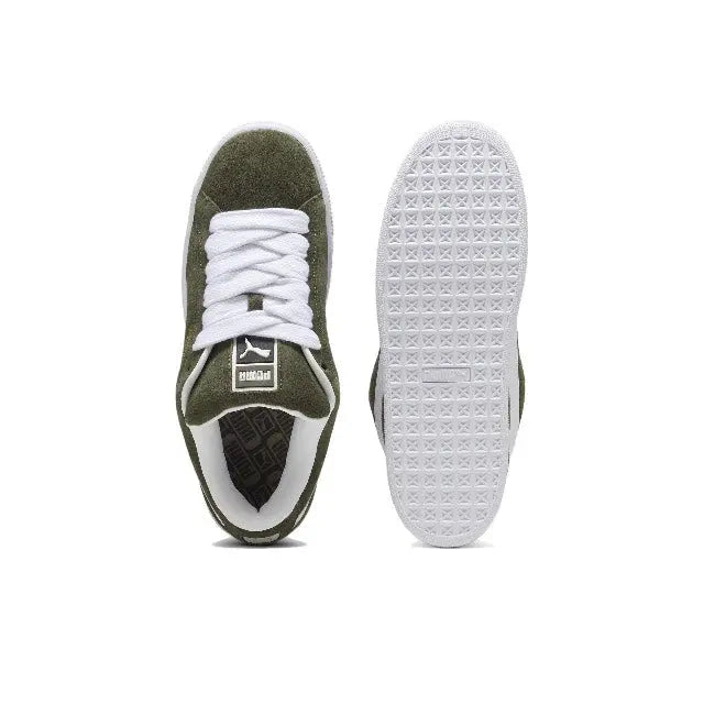 Puma Suede XL sneakers, dark olive upper with white laces and white tread sole