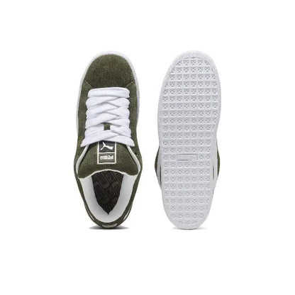 Puma Suede XL sneakers, dark olive upper with white laces and white tread sole