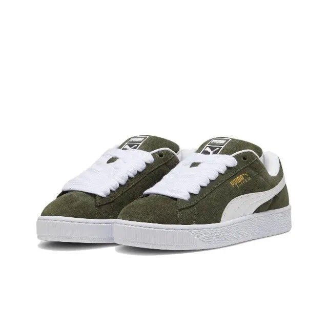 Puma Suede XL suede sneakers pair, dark olive with white laces and side stripe