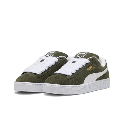 Puma Suede XL suede sneakers pair, dark olive with white laces and side stripe