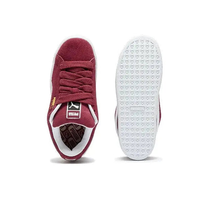 Puma Suede XL maroon suede sneakers with laces; visible white rubber outsole