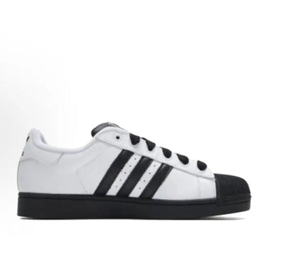 Adidas Superstar II sneaker side view, white upper with black three stripes