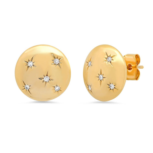 Gold Button Earring Studs with CZ Star Accents