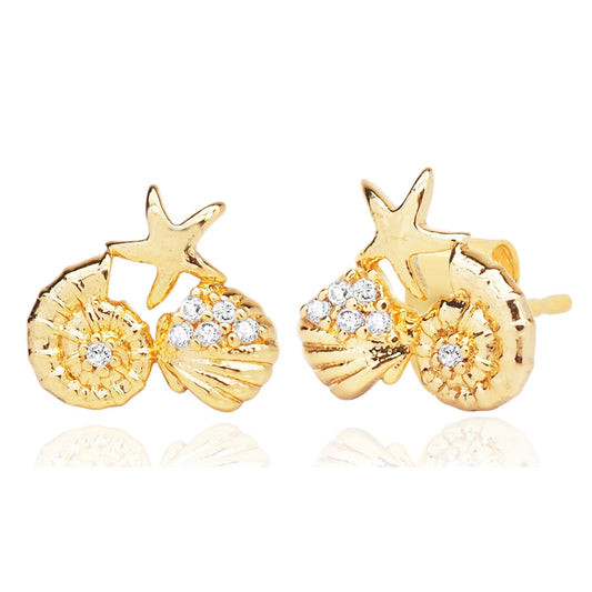 Gold Starfish and Shell CZ Stud Earrings
