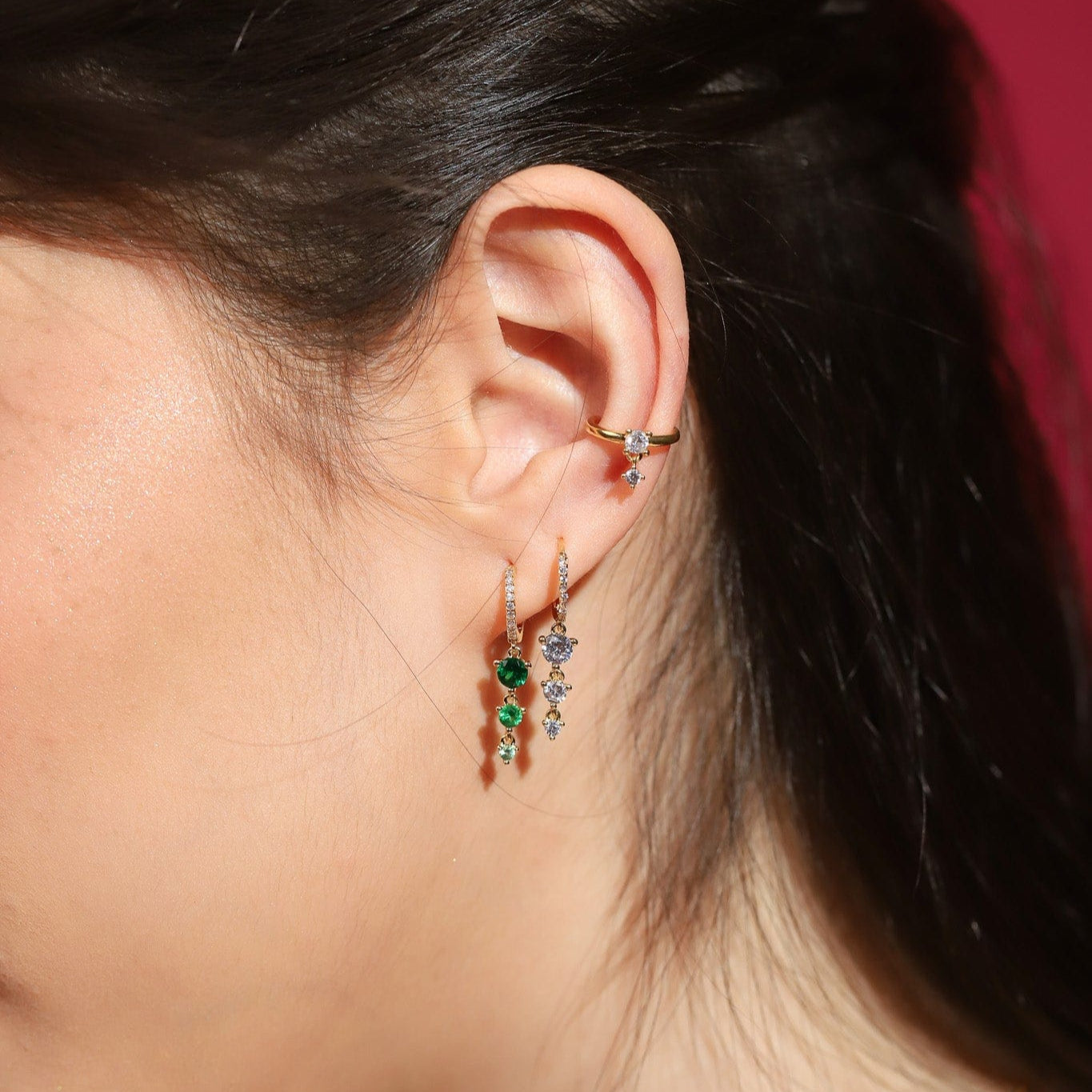 Triple Drop Gemstone Pave Huggies