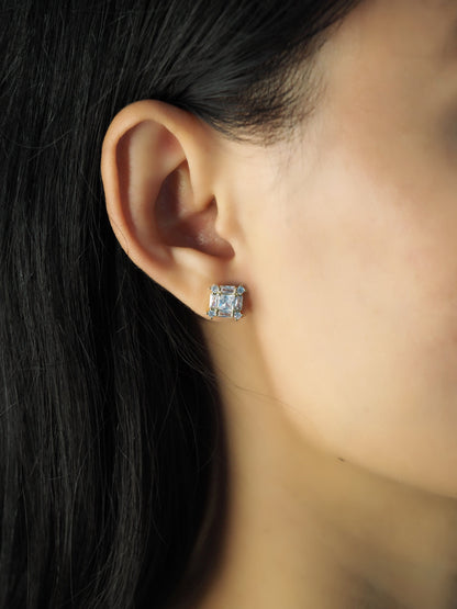 Princess Cut Cz Studs With Emerald And Round Cz Accents