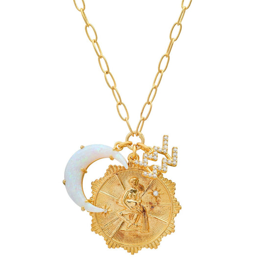 Opal Crescent Zodiac Charm Pendant Necklace