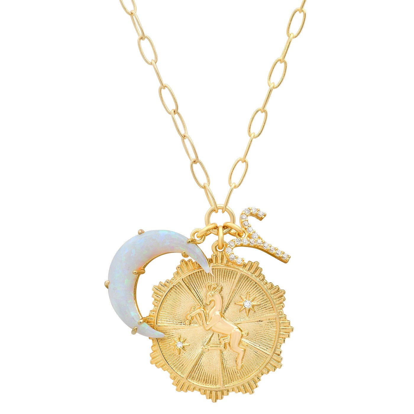 Opal Crescent Zodiac Charm Pendant Necklace