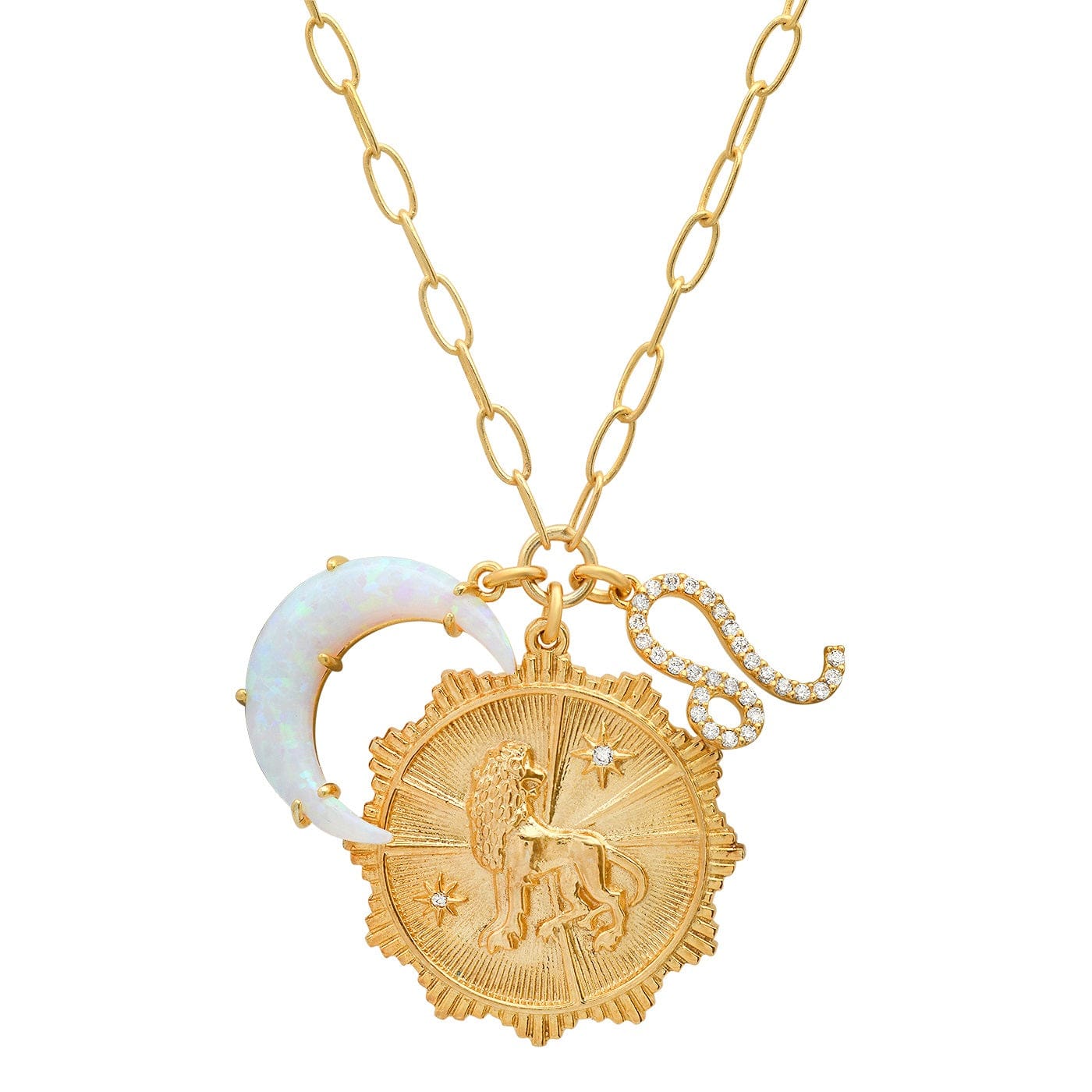 Opal Crescent Zodiac Charm Pendant Necklace